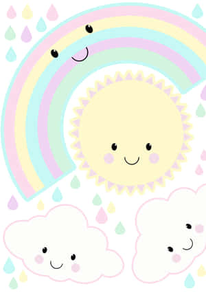 微笑的太陽、彩虹和雲朵，帶有彩色雨滴的可愛卡通風格。 — OnePlus Pad 壁紙