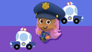 一個粉紅色頭髮的卡通女警和兩輛警車。 — 泡泡小隊 壁紙