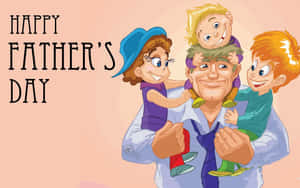 Happy Father's Day 插圖，微笑的父親肩上扛著三個孩子。 — 父親節 壁紙