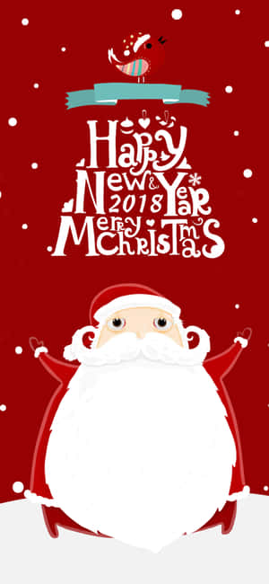 大鬍子聖誕老人站在 'Happy New Year 2018 Merry Christmas' 文字下方，伴有雪花和小鳥。 — iPhone 17 Pro 壁紙