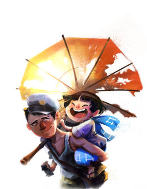 一個男人在發光的橙色雨傘下背著一個笑的孩子。 — 螢火蟲之墓 壁紙