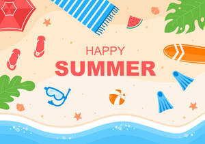 夏季海灘場景，有人字拖、西瓜、衝浪板和海浪。