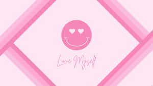 粉紅色笑臉，帶有心形眼睛和「Love Myself」文字，在幾何背景上。 — 粉紅色 壁紙