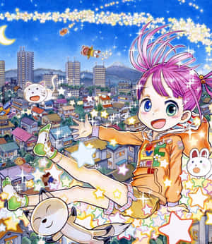 粉紅色頭髮的動漫女孩在夜晚的城市上方星星之間漂浮。 — 小米 Mix Flip 2 壁紙