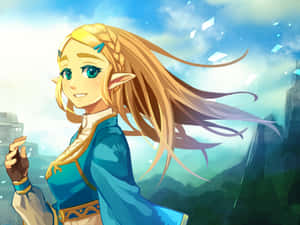 動漫精靈女孩，頭髮飄逸，在晴朗的天空下戶外微笑。 — 薩爾達傳說 � Breath of the Wild 壁紙