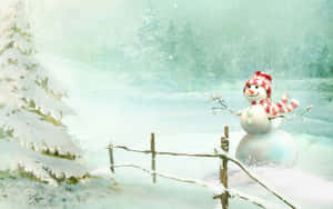 雪人站在雪森林中，戴著紅白圍巾和帽子 — 雪人 壁紙