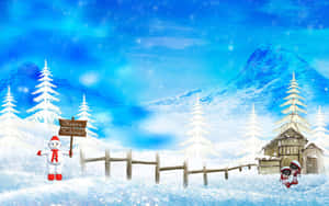 雪人在雪覆蓋的小屋和柵欄附近舉著「節日快樂」的牌子。 — 2560x1600 壁紙