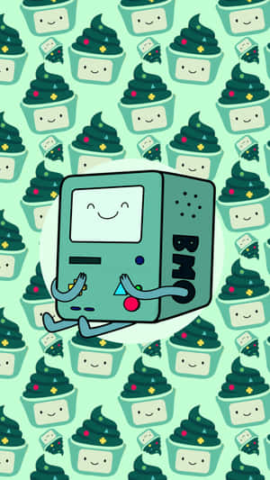 BMO電子遊戲機角色微笑，背景為杯子蛋糕圖案 — Marshmello iPhone 壁紙