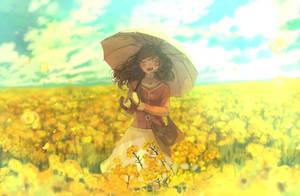 一個微笑的女孩撐著雨傘走過黃花田。 — 春天花朵 壁紙