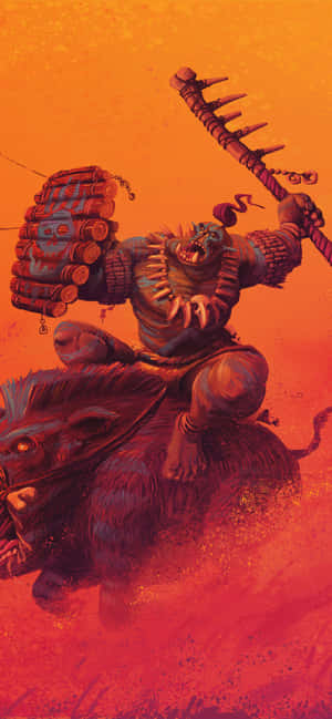 獸人戰士騎著野豬，帶著炸藥和帶刺武器，在熾熱的風景中。 — 1320x2868 壁紙