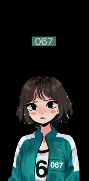短棕色頭髮和玫瑰色臉頰的動漫女孩，穿著帶有067號碼的綠色和白色夾克。 — 067 魷魚遊戲 壁紙