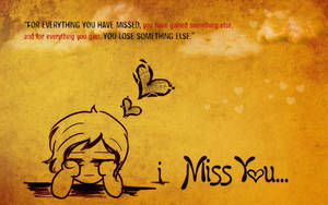 一個哭泣的卡通人物，帶有蝴蝶和文字「I Miss You...」，背景為黃色紋理。 — 心碎 壁紙