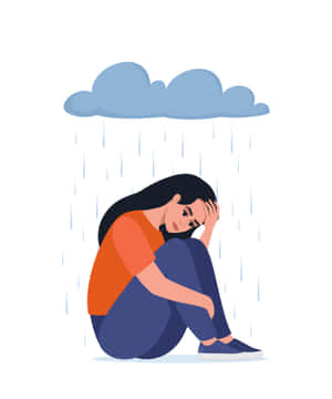 一個女人坐在雨雲下，看起來很悲傷。 — Pixel Fold 壁紙