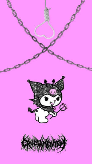 Kuromi惡魔角色在鏈條和心形絞索下拿著三叉戟，粉紅色背景 — Hello Kitty 萬聖節 壁紙