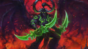 惡魔戰士，手持發光綠色刀刃和長角，背景火紅。 — 電玩遊戲 GIF 壁紙