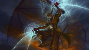 帶翅膀的動漫惡魔戰士在夜間的宇宙漩渦中引導發光魔法。 — 魔法動圖 壁紙