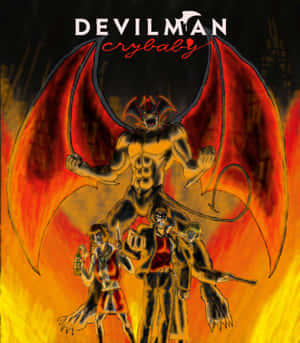 Devilman Crybaby 動漫海報，惡魔英雄和三個武裝盟友在火焰背景中。 — Motorola Razr Ultra 2026 壁紙