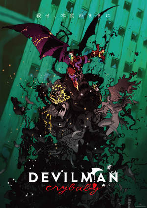 Devilman Crybaby 動漫海報，惡魔英雄在霓虹綠城市中與怪物戰鬥。 — 動漫戰鬥 壁紙