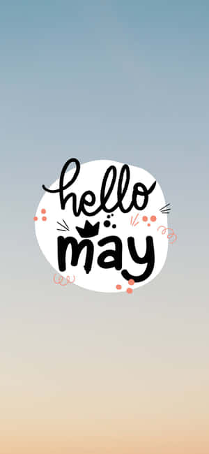 Hello May 問候語，帶有皇冠和粉紅色圓點，背景是漸變天空。 — iPhone 14 Pro Max 壁紙