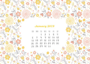 2019年1月日曆，帶有花卉、鳥類和心形邊框設計。 — 新年快樂 2020 壁紙