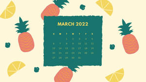 2022年3月月曆，帶有鳳梨和檸檬片的熱帶插圖風格。 — 三月 壁紙