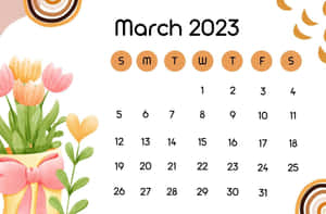 2023年3月日曆，帶有鬱金香和太陽爆發設計。 — 三月 壁紙