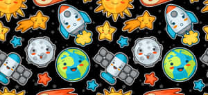 快樂的卡通太空物體，包括火箭、行星和星星，以重複圖案排列。 — 粉彩彩虹 壁紙