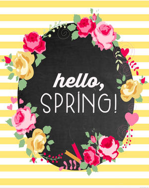 在黑板上以白色文字寫的「Hello Spring」訊息，周圍環繞著色彩繽紛的花朵和心形。 — 花卉 壁紙