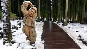 雪地森林中一個微笑的男人脫帽的木雕。 — 제주도 壁紙