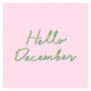 Hello December 文字以黃色草書帶藍色輪廓顯示在粉紅色斑點背景上 — 粉紅色 壁紙