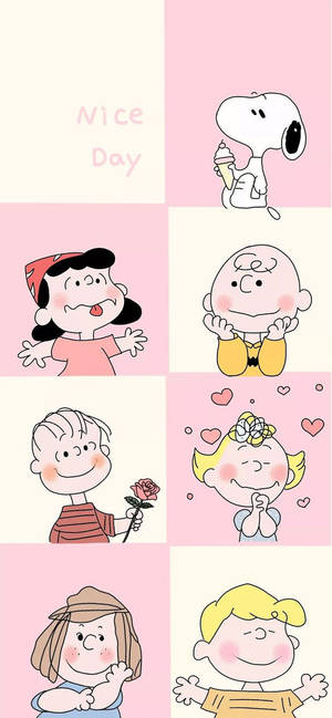六個 Peanuts 角色在粉彩粉紅色和奶油色的網格中微笑，帶有「Nice Day」文字。 — iPhone 17 壁紙