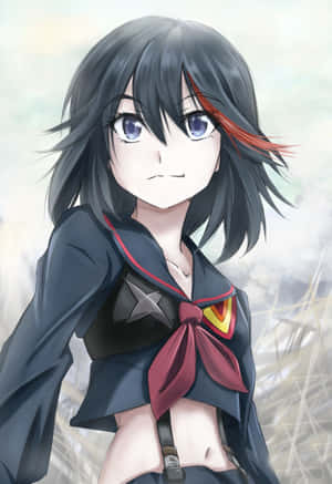 動漫女孩穿著校服，深色頭髮帶紅色挑染，表情堅定。 — 櫻島麻衣 壁紙