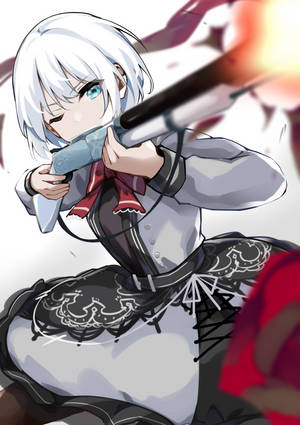 白髮動漫女孩在戰鬥中發射發光步槍。 — OnePlus Pad 2 Pro 壁紙