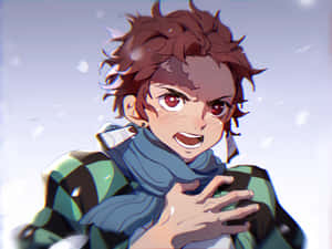 動漫男孩穿著綠色外套和藍色圍巾，站在飄雪中，表情堅定。 — 炭治郎 GIF 壁紙