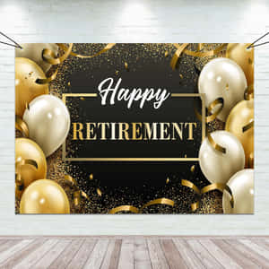 白色磚牆上帶有金色氣球和五彩紙屑的快樂退休橫幅。 — iPad (A16) 壁紙