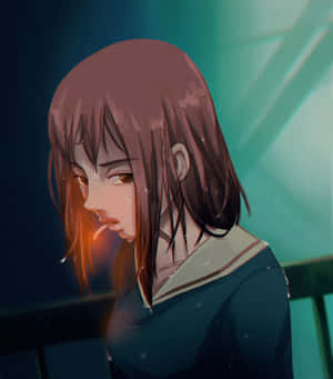 一個悲傷的動漫女孩，流著淚，在一個昏暗的青綠色房間裡手持一支點燃的香煙。 — 小米 Mix Flip 2 壁紙
