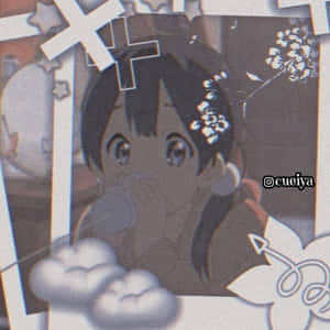 戴著櫻花髮飾的動漫女孩，在懷舊的照片拼貼中。 — 可愛動漫頭貼 GIF 壁紙