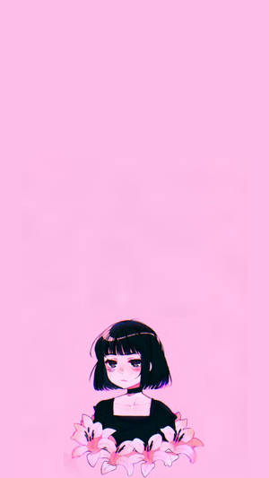 短黑髮的動漫女孩在粉紅背景前拿著粉紅百合。 — 粉色花朵 壁紙