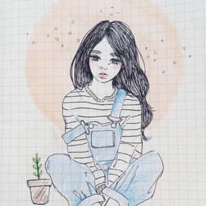 一個穿著工裝褲的悲傷動漫女孩，坐在方格紙背景上，旁邊有一棵小植物。 — 美學粉色GIF 壁紙