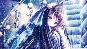長髮和粉紅玫瑰的動漫女孩，在雪白冰凍的樓梯上，藍光之下。 — 可愛動漫女孩 壁紙