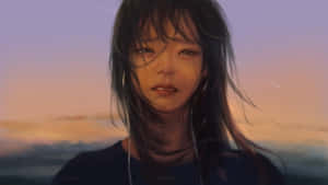 一個悲傷的動漫女孩，頭髮隨風飄揚，在日落天空下。 — 悲傷抑鬱 壁紙