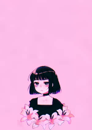 黑色鮑伯頭的動漫女孩在粉紅色背景上拿著粉紅色的百合花。 — IQOO Pad5c 壁紙