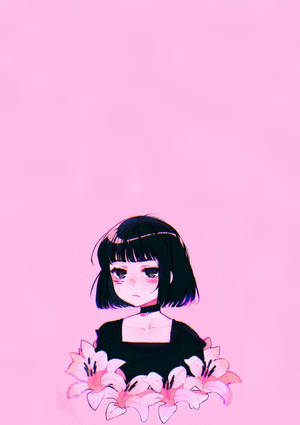 黑色鮑伯頭的動漫女孩在粉紅色背景前拿著粉紅色的百合花 — 可愛粉色女孩 壁紙