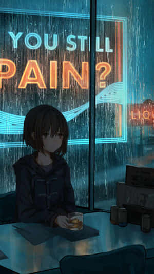 動漫女孩獨自坐在雨中的酒吧，窗外霓虹燈閃爍。 — 悲傷抑鬱 壁紙