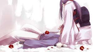 動漫女孩穿著白色和服，跪在雪中倒下的身影旁，有紅花。 — 混沌武士 壁紙