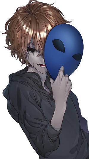 穿著連帽衫的動漫男孩拿著藍色外星人面具，流下一滴眼淚。
