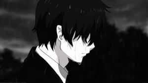 一個悲傷的動漫男孩在雨中哭泣，身後有烏雲。 — 獨自一人 壁紙
