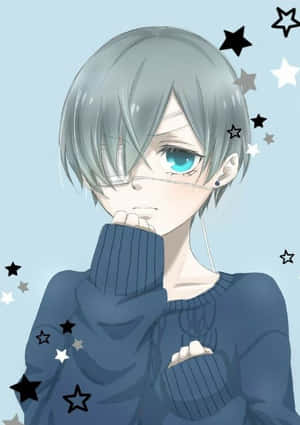 動漫男孩，銀色頭髮和藍色眼睛，穿著藍色毛衣，被星星包圍。 — 黑執事 壁紙