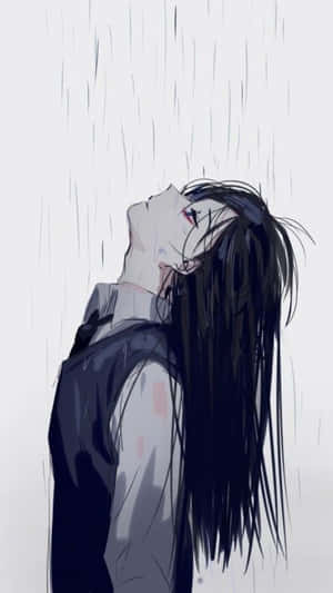 動漫角色，長長的黑髮站在雨中，頭向後仰，閉著眼睛，穿著帶有粉紅色污漬的深色外套。 — 暗黑動漫風格GIF 壁紙