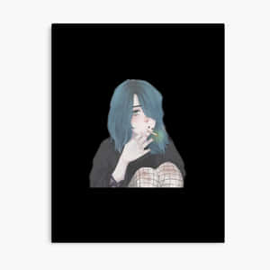 一個藍髮動漫女孩在黑色背景下抽煙。 — 推特 壁紙